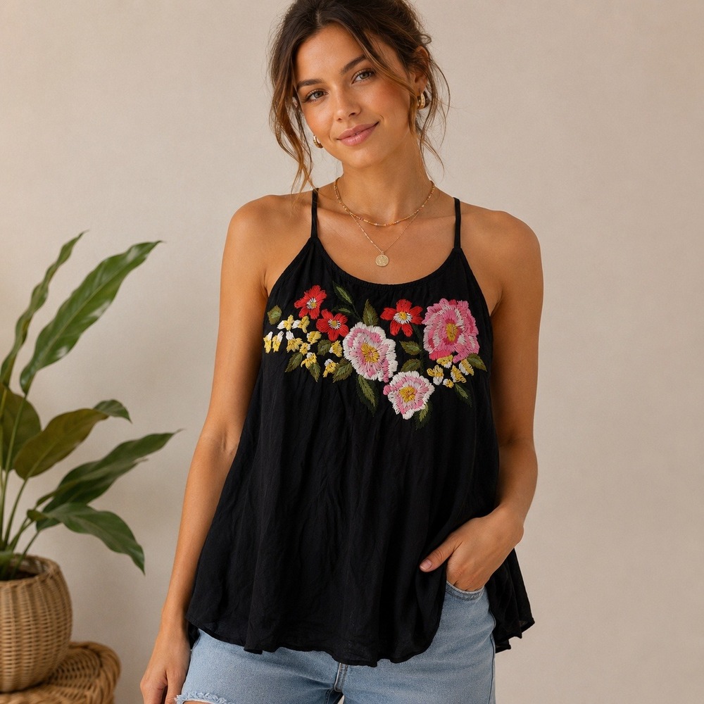 Akemi + Kin Anthropologie Black Floral Embroidered Swing Tank Small Boho India